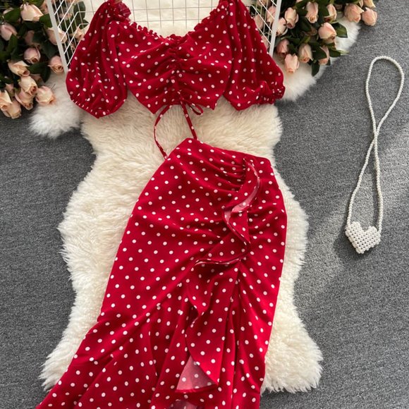 Women Polka Dot Two-Piece Tops and Skirt - Picture 5 of 10